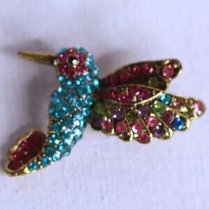 💎Hummingbird In Flight Brooch Colorful Rhinestone Studded Brass Metal